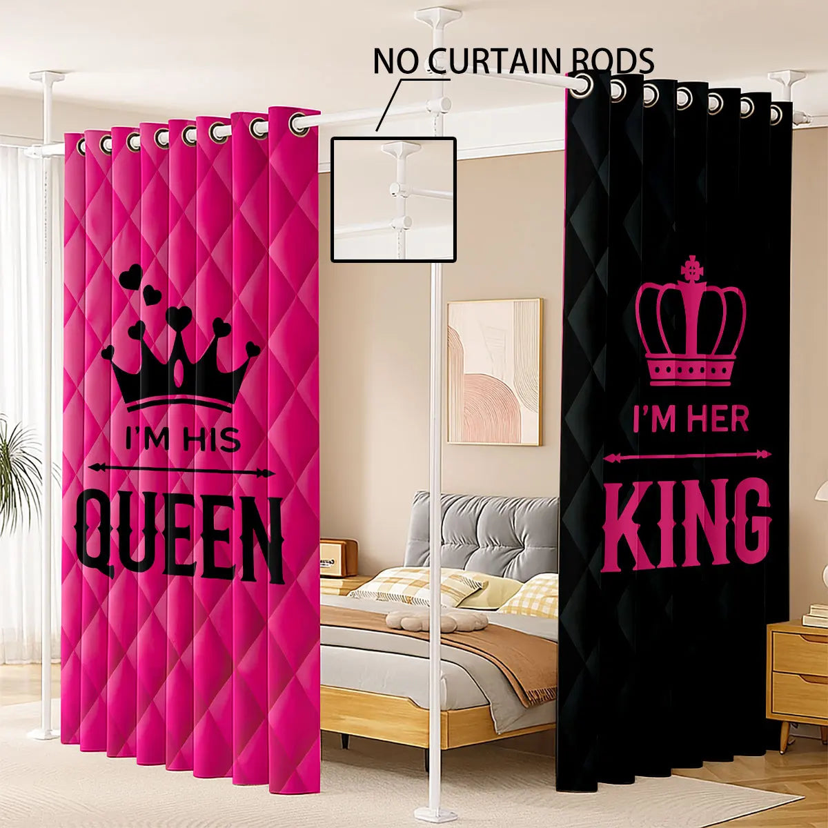rideaux moderne rose vif noir quilted couronnes mots opaques anneaux métalliques salon
