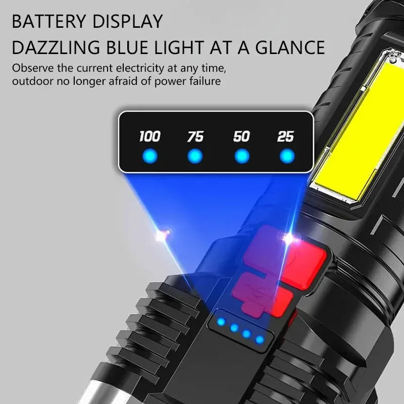 lampe torche noire rechargeable moderne relief modes éclairage affichage batterie contrôle tactile campingextérieur