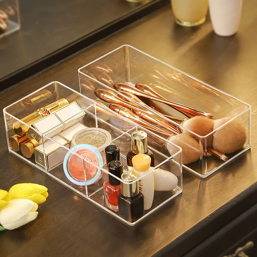 boîte rangement transparente moderne maquillage compartiments poudre compacte vernis rouge lèvres palette blush crème