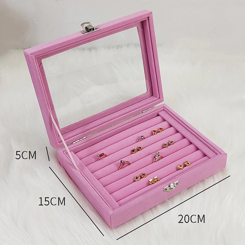 boîte bijoux velours transparent gris rose classique boutons pression rangement colliers bagues