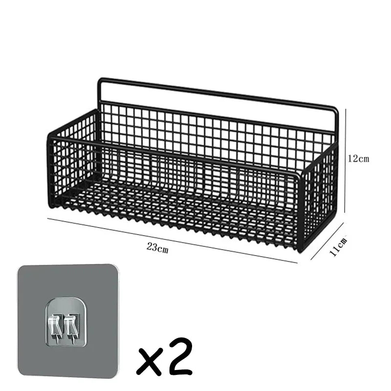 paniers rangement noir maille métallique adhésif moderne salle bain cuisine
