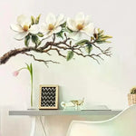 sticker mural fleurs blanches feuilles vertes branches brunes adhésif naturel réaliste chambre salon enfant