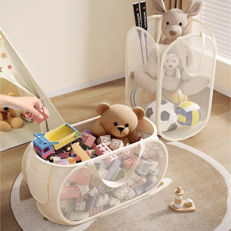 panier rangement pliable tissu polyestère beige clair maille moderne jouets rangement