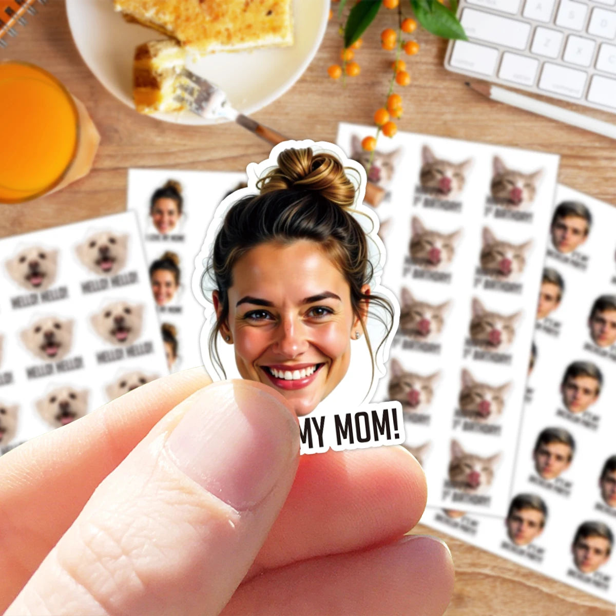 stickers personnalisables adhésifs blanc multicolore visages personnes chat textes moderne opacité unique