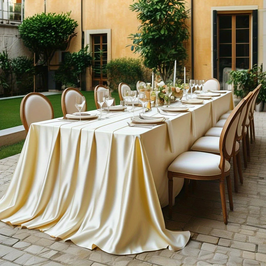 nappes satinées blanc rose noires tables longues mariage fêtes élégantes