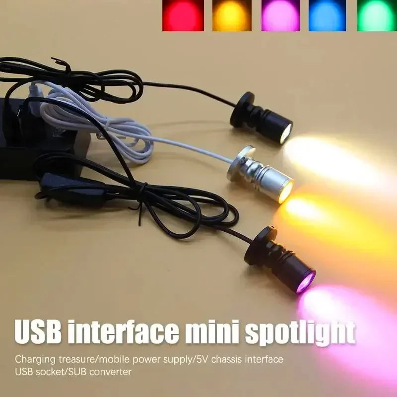 projecteur led usb alimenté câble switch rotatif angle moderne compact variateur couleurs multiples bijouterie