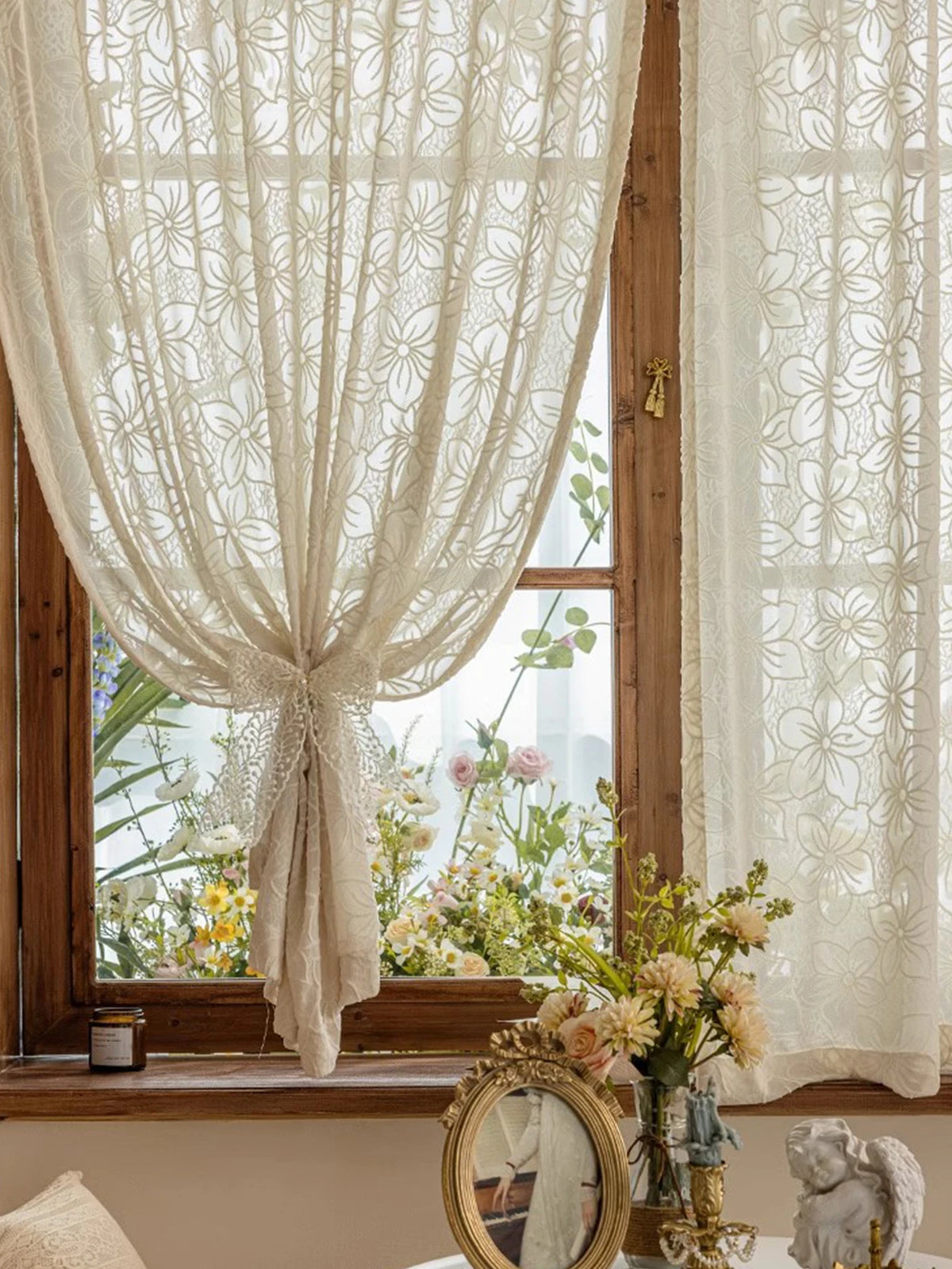 rideau moderne fleurs transparent beige clair décoration polyester extérieure fenêtre plate