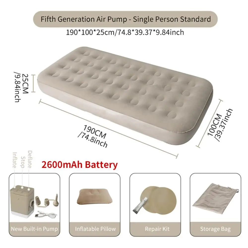 matelas gonflable beige texture mousse moderne pompe intégrée double taille grande capacité camping voyage
