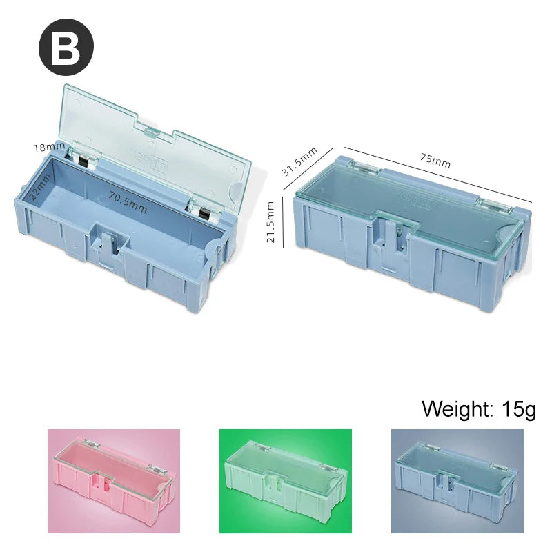 boîtes rangement électroniques vert rose bleu clips fermeture pratiques modernes