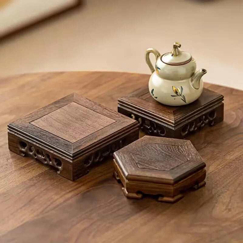 supports bois tasses thé tapisserie florale plateaux hexagonaux décoration maison traditionnel asiatique minimaliste