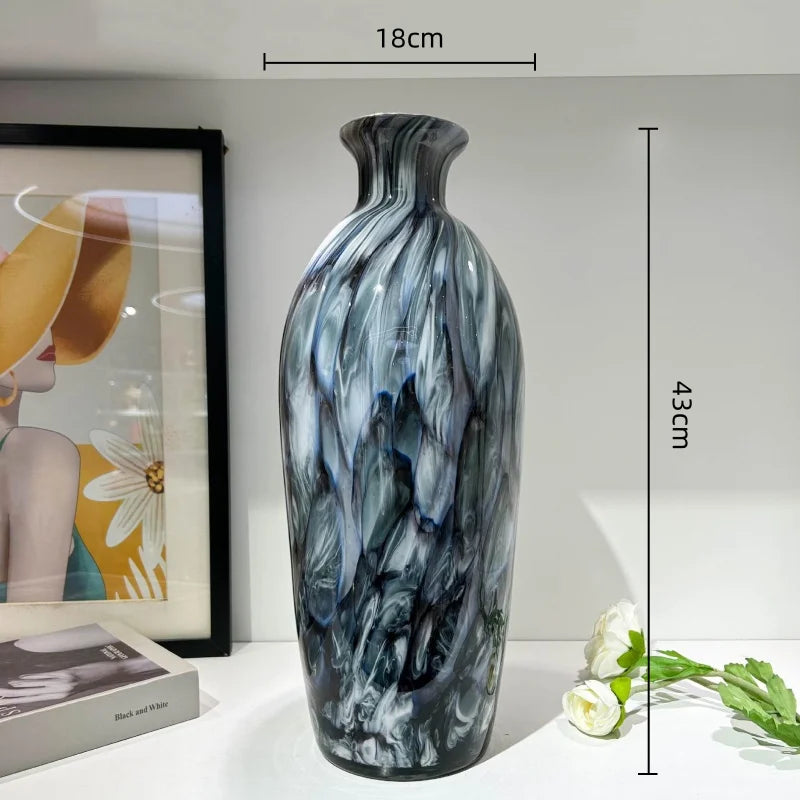 vase moderne verre émaillé bleu marbré pot fleurs décoration maison opaque