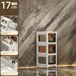 meuble rangement blanc moderne tiroirs transparents rayures diagonales noires pliable porte bouteilles cosmétiques