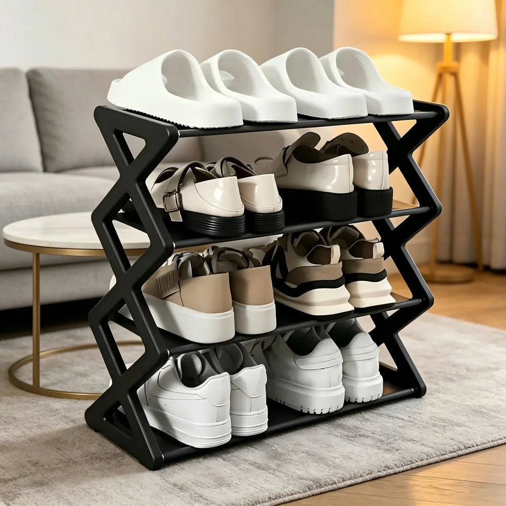 étagère chaussures noire moderne niveaux structure géométrique rangement facile salon porche