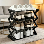 étagère chaussures noire moderne niveaux structure géométrique rangement facile salon porche