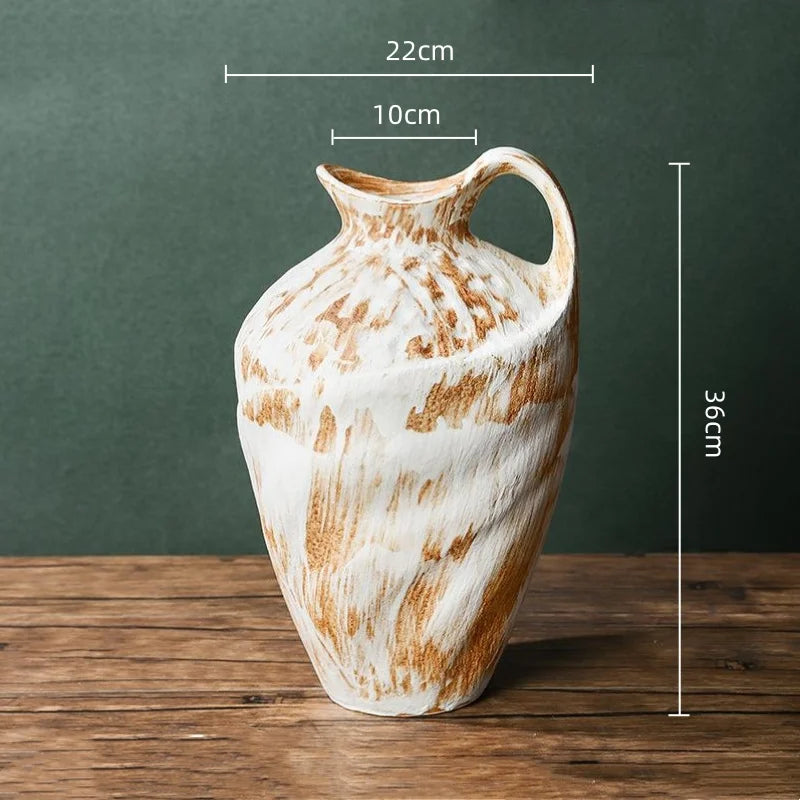 vase moderne rustique blanc marron vert marbré gratté opaques poignée décoration floral arrangement table