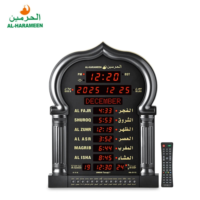 horloge numérique or islamique arche décorative motifs géométriques fixations murales affichage calendrier perpétuel alarme