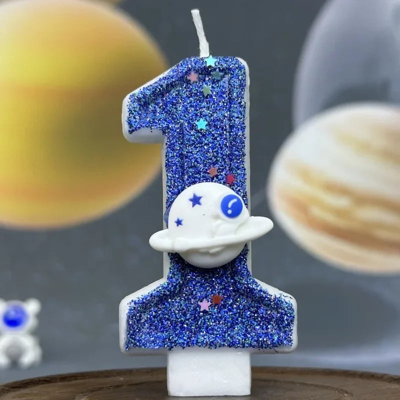 bougies anniversaire numéros bleu pailleté étoiles décoratives thème espace opaques box incluses