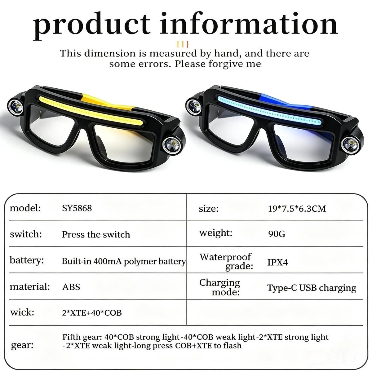 lunettes tête lampe led noir jaune rechargeable double éclairage modes pêche course camping randonnée