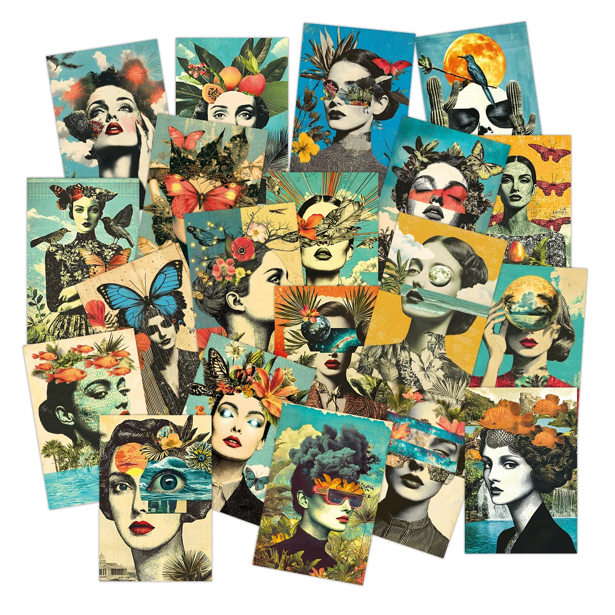 cartes postales art contemporain collage portraits fleurs papillons oiseaux clips magnétiques decoration maison bohème