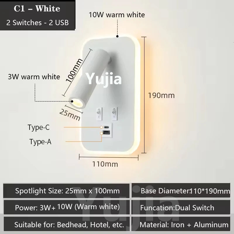 applique murale led moderne ports usb lampes lecture réglables chambre étude