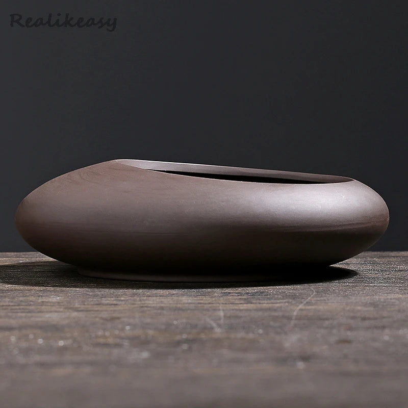 Pot bonsaï porcelaine marron foncé minimaliste gravier support bois 19.6x13.5x5.5cm