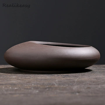 Pot bonsaï porcelaine marron foncé minimaliste gravier support bois 19.6x13.5x5.5cm