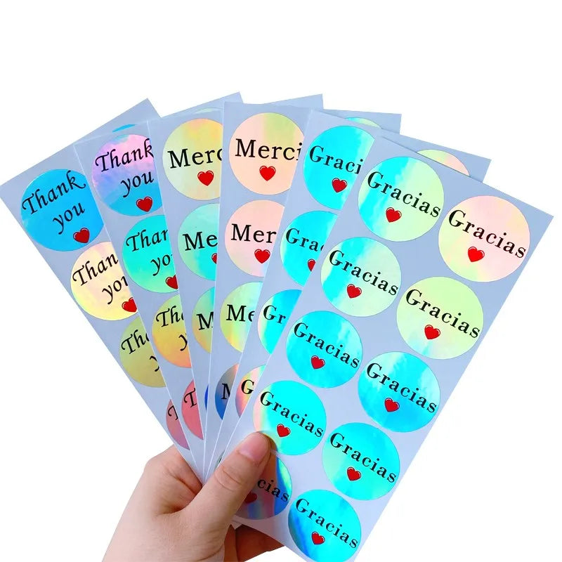 autocollants rétro bleu vert rose blanc coeurs thank you merci gracias vintage holographique papier