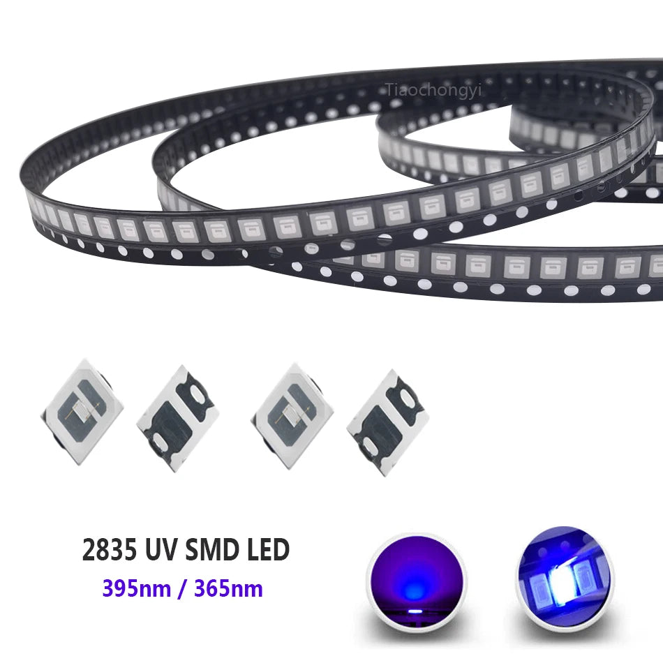 diodes led smd 2835 uv blanc noir carré mat adhésif 3v 150ma 365nm 395nm