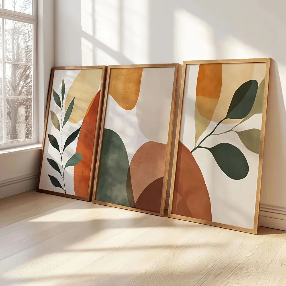 lot tableaux toile art abstrait feuilles stylisées cadre bois décoration murale moderne