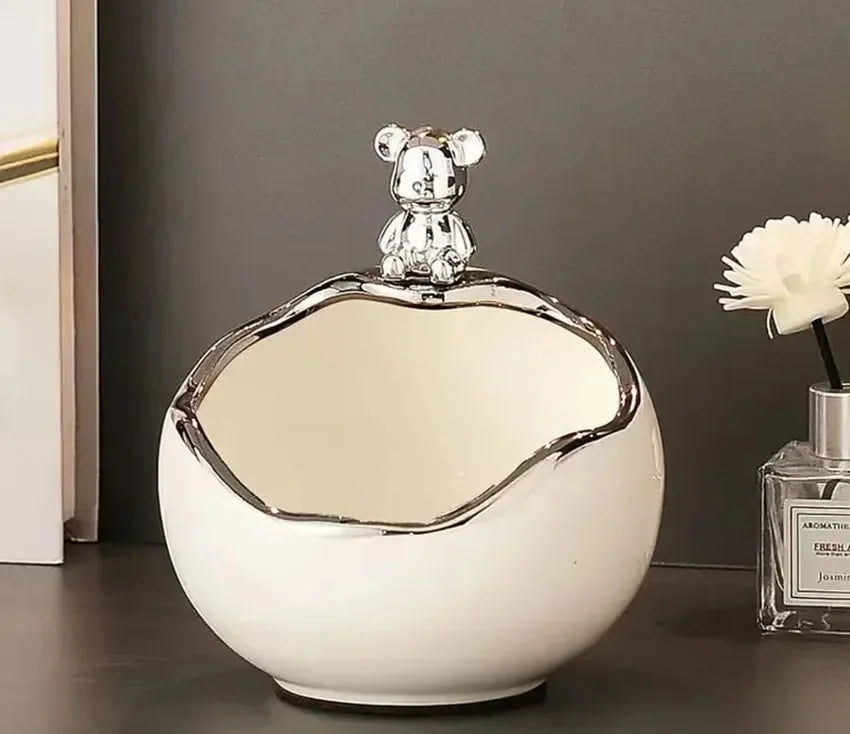 porte clés ours décoration moderne coupelle rangement bijoux accessoires blanc chrome argenté