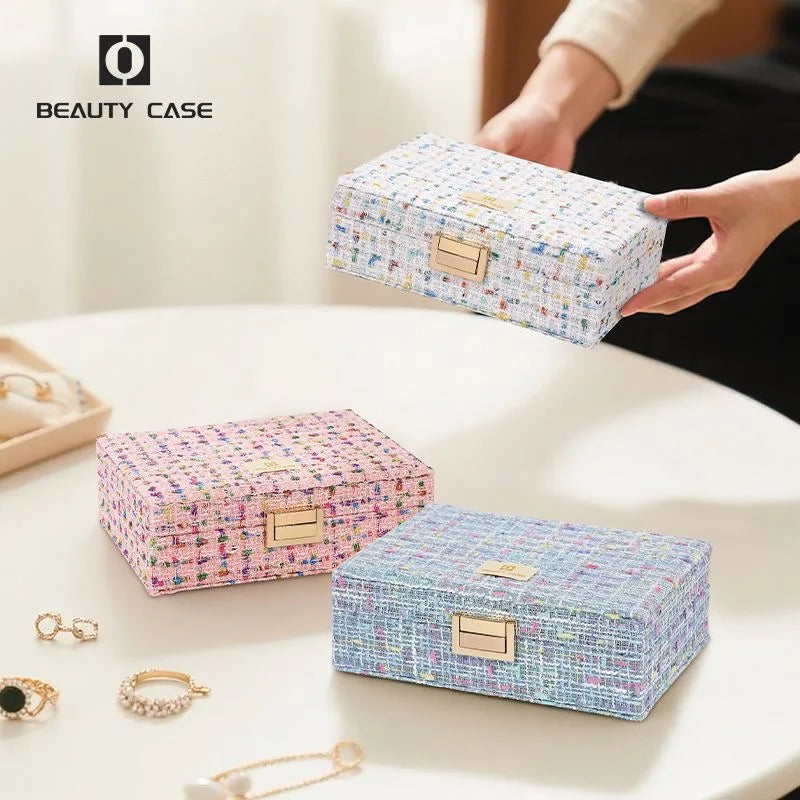 boîte bijoux tissu imprimé bleu clair compartiments poignée dorée classique opacité femmes