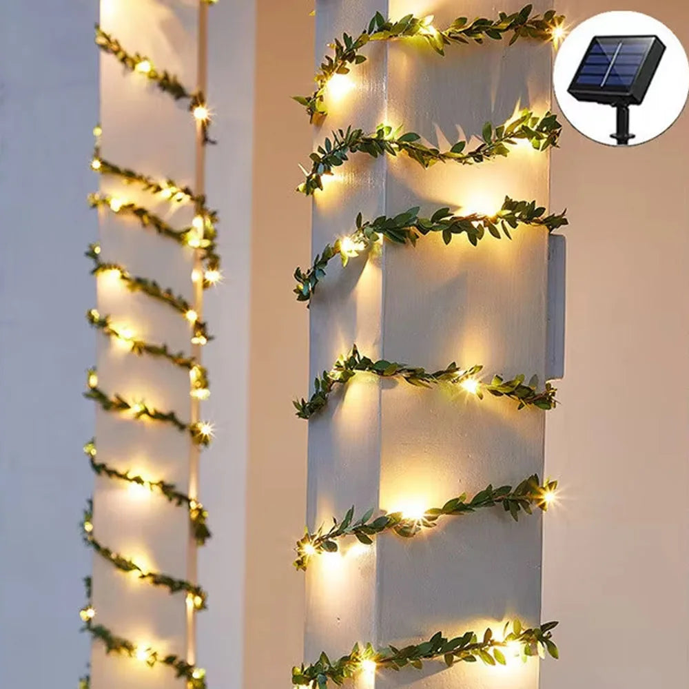 guirlande lumineuse solaire feuilles vertes lumières blanches clips modernes 100 leds 10mètres jardin
