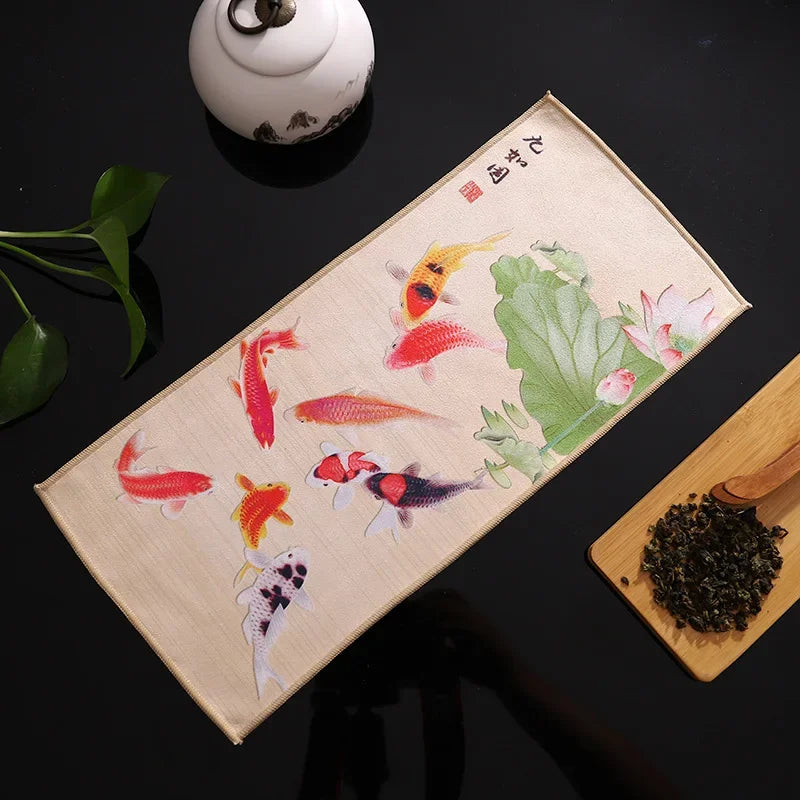 serviettes thé vert bleu beige peinture chinoise motifs floraux art traditionnel zipper cuisine