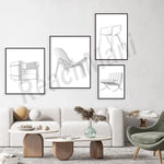 Panneau de meubles et chaises d'intérieur moderne avec des formes et des lignes épurées.