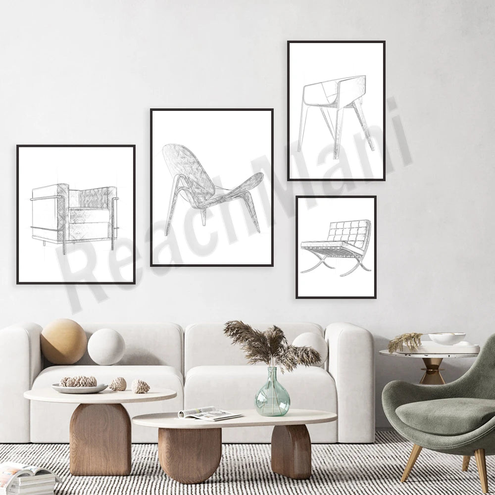 Panneau de meubles et chaises d'intérieur moderne avec des formes et des lignes épurées.