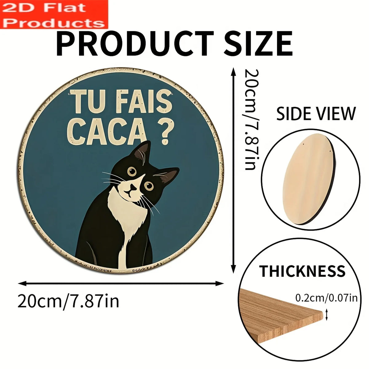 plaque decorative circulaire vintage humouristique chat noir blanc tu fais caca bleu foncé beige