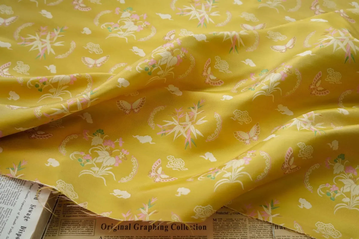 tissu jaune doré motifs floraux brocart polyester largeur 165cm couture traditionnel asiatique