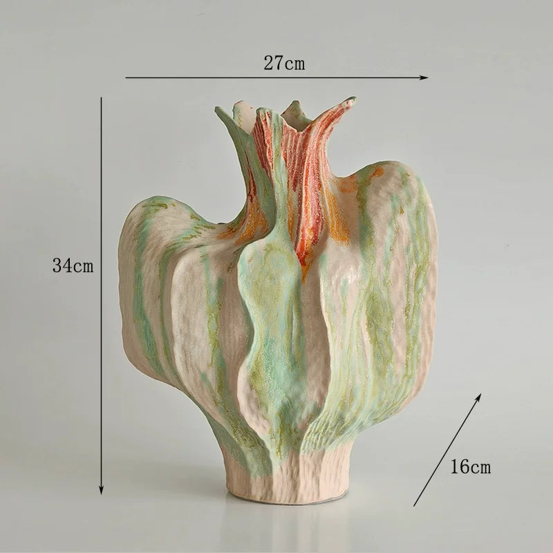 vase céramique abstrait artisanal rose vert orange marron bleu ondulé texturé sculptural