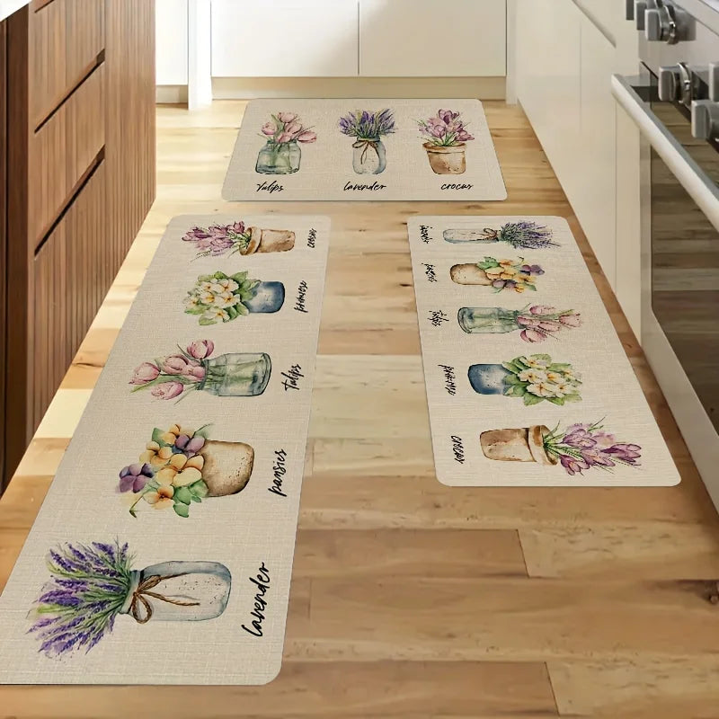 tapis fleurs pots tulipes lavande imperméable antidérapant cuisine salle bain intérieur
