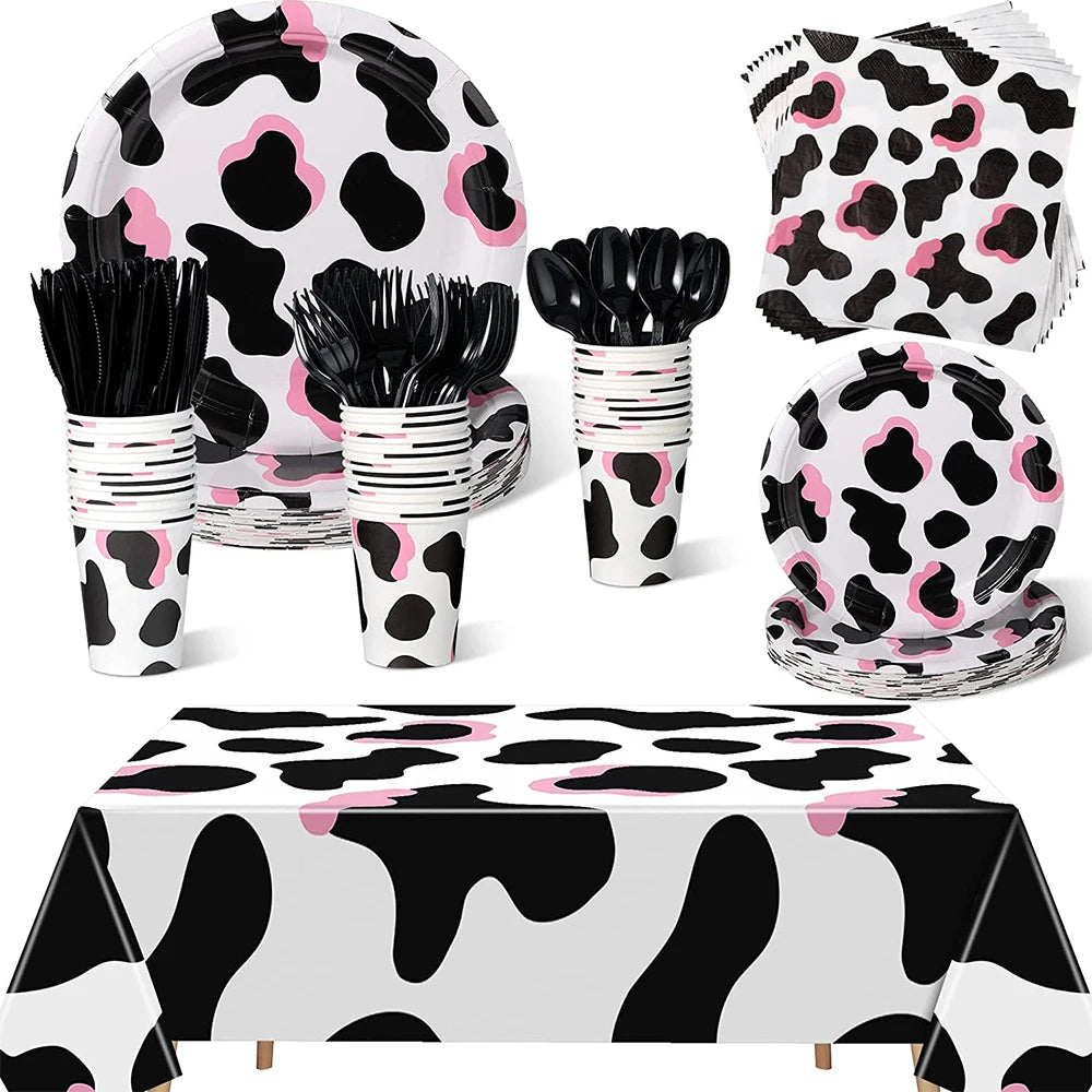 assiettes gobelets serviettes nappe décoration vache taches noires roses anniversaire fête enfants blanc rose