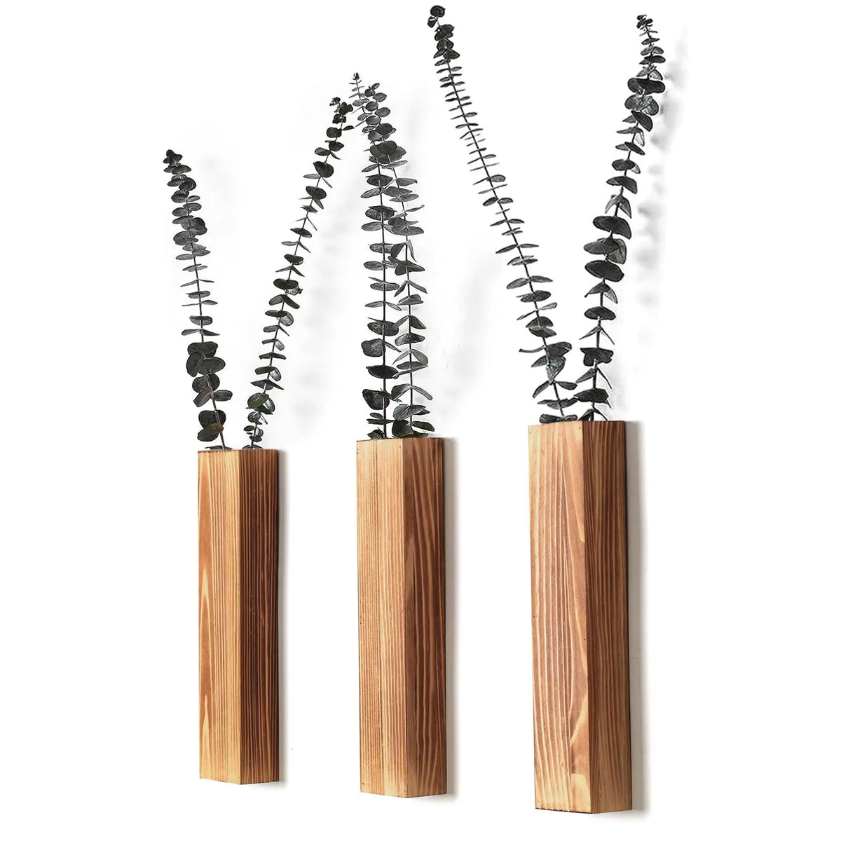 vases muraux bois clair minimaliste eucalyptus roses séchées plante décoration intérieure vert foncé rustic