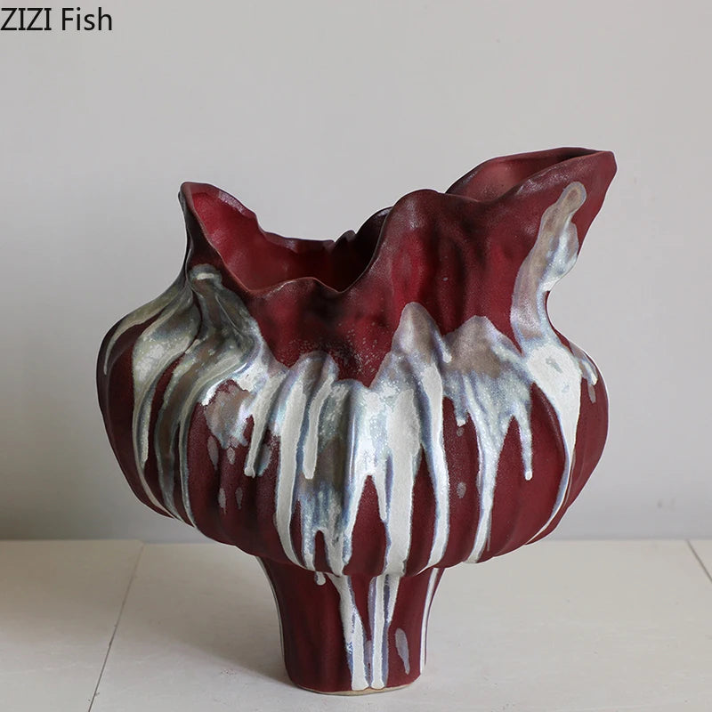 vase moderne porcelaine céramique vert rouge blanc rayures texture rugueuse wabi sabi décoration table
