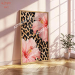 affiche moderne toile léopard fleurs rose noir beige décoration maison cadre bois