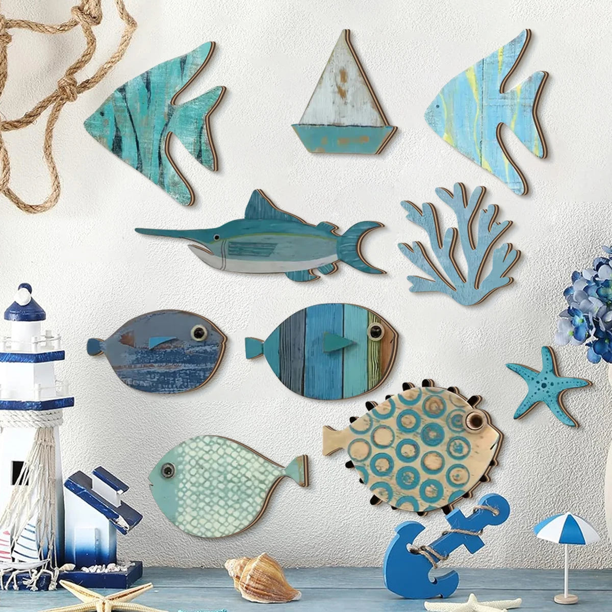 décoration murale bois poissons corail étoile mer voilier marin océan intérieur artisanal fait main