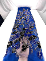 tissu dentelle fleurs broderie paillettes polyester coton mariage translucide violet bleuclair rouge gris marron