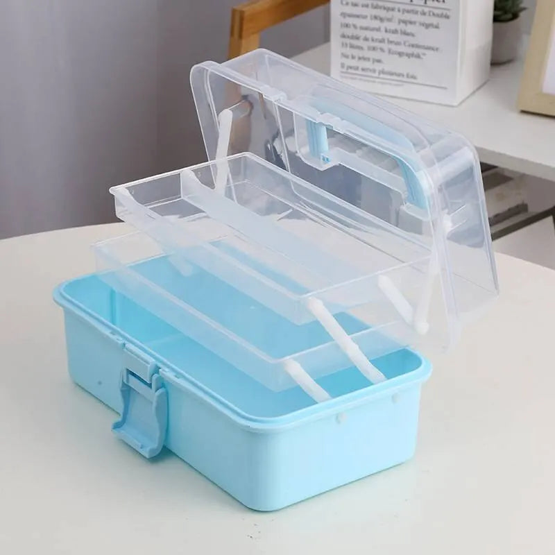 boîte rangement transparente bleu rose blanche pinceaux peinture crayons étudiants compartiments modernes pratiques
