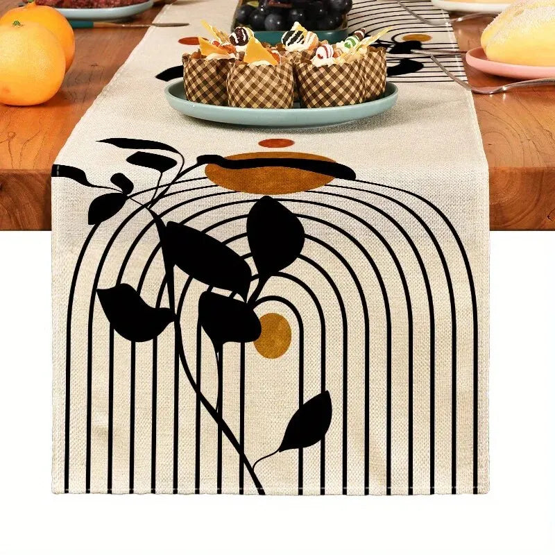 nappe table motif floral abstraite moderne bohème lin couleur beige orange marron vert noir