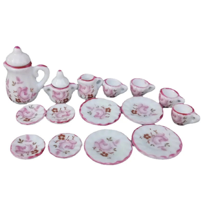 service thé miniature blanc doré rose bleu vert fleurs classique tasse théière soucoupe assiette