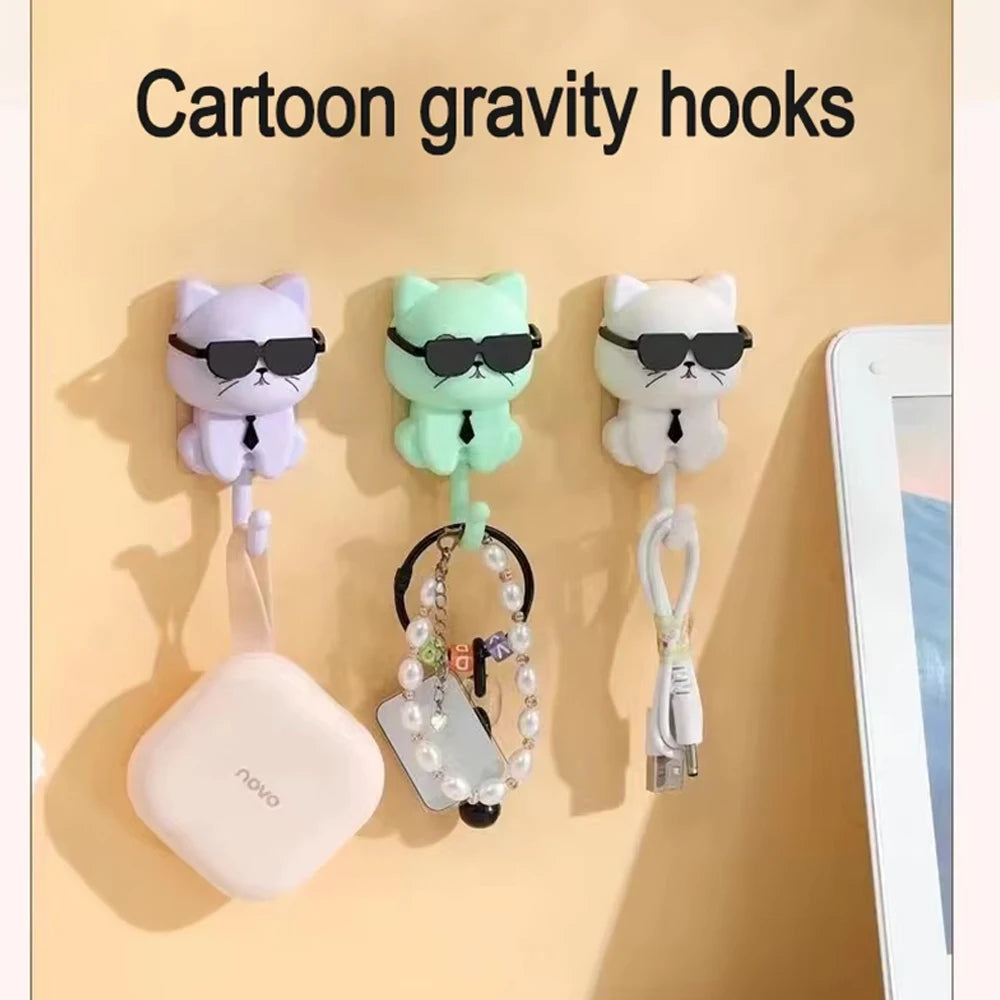 crochets muraux décoratifs chat cartoon lunettes nœud papillon adhésif mignon blanc noir violet vert