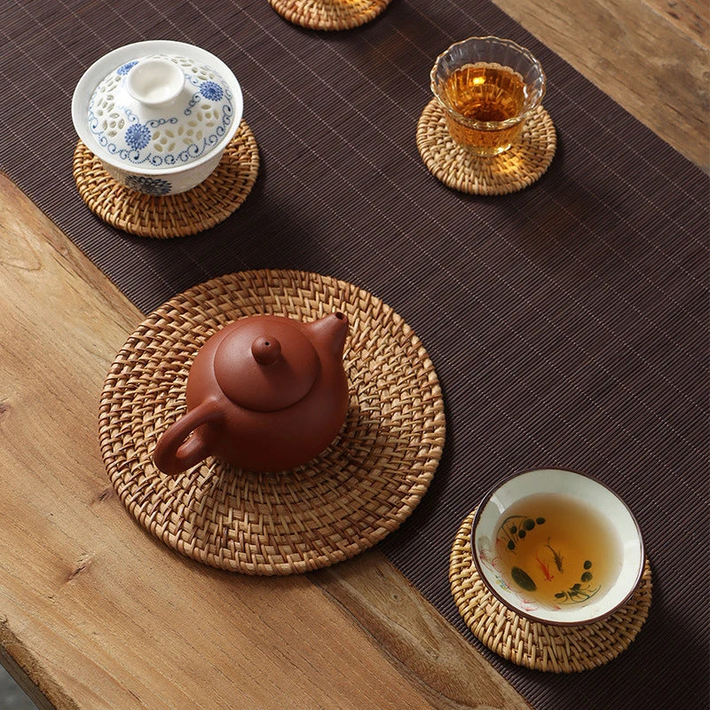 coasters tissés raphia naturel rustique ensemble six accessoires cuisine thé